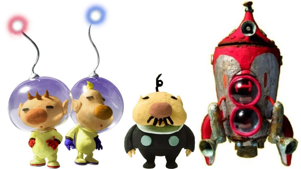 De izquierda a derecha: Olimar, Luis, el Presidente y la nave (S.S. Dolphin II).