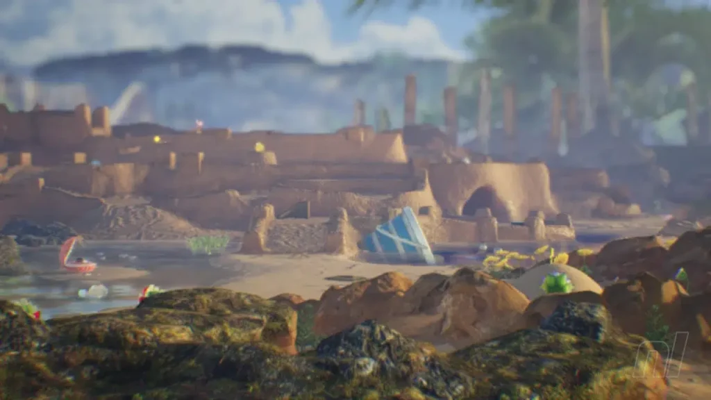 Riberas Serenas de Pikmin 4. Una ubicación tipo playa, el área basada en el verano de este título.