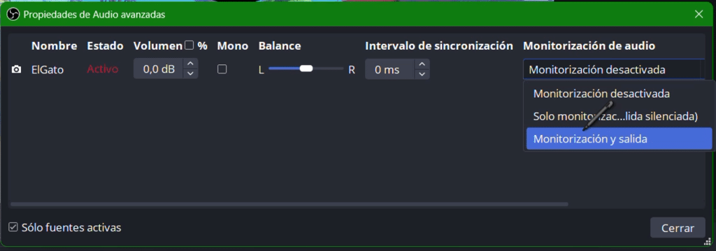 Monitorización y salida en OBS del audio en propiedades avanzadas.