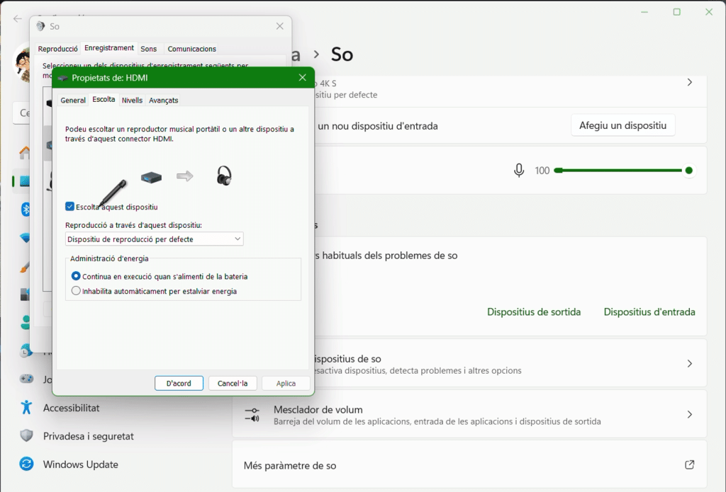 Ajustes de Windows para monitorizar el sonido de la capturadora sin depender de OBS.
