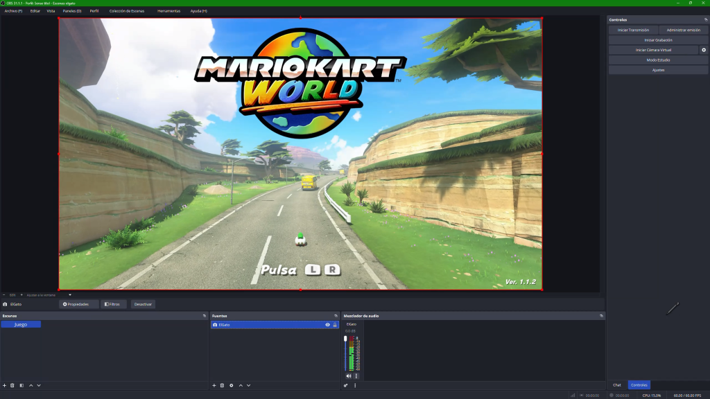 OBS con la capturadora ElGato 4K S grabando Mario Kart World (Nintendo Switch 2).