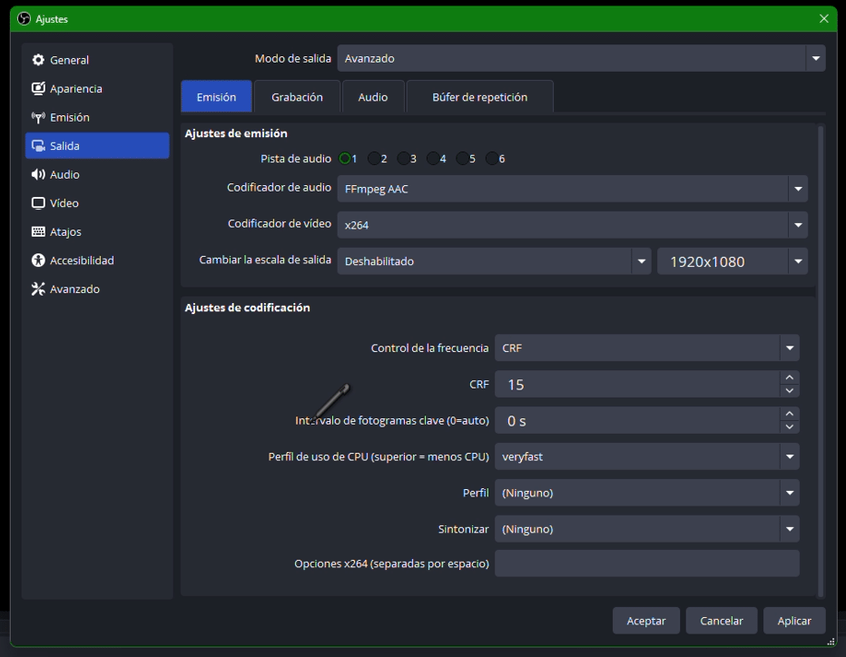Ajustar el bitrate de grabación en OBS.