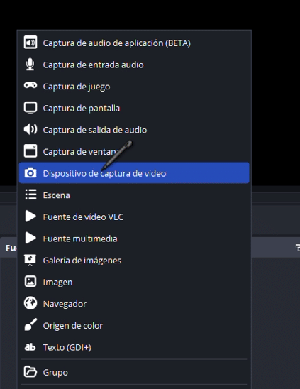 Para añadir una capturadora en OBS hay que añadir "Dispostivo de Captura de Vídeo".